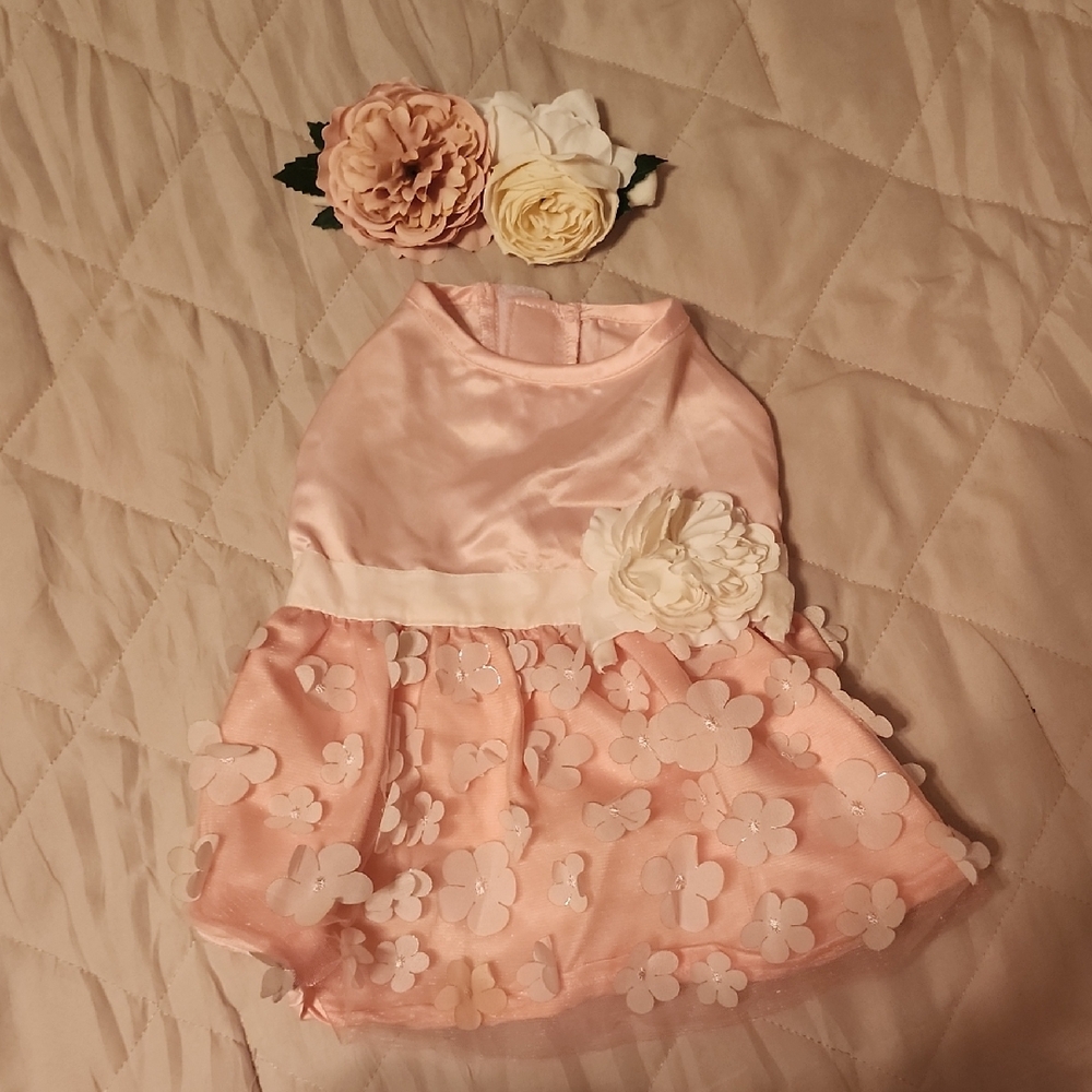 Pink Floral Dog Dress with Headband